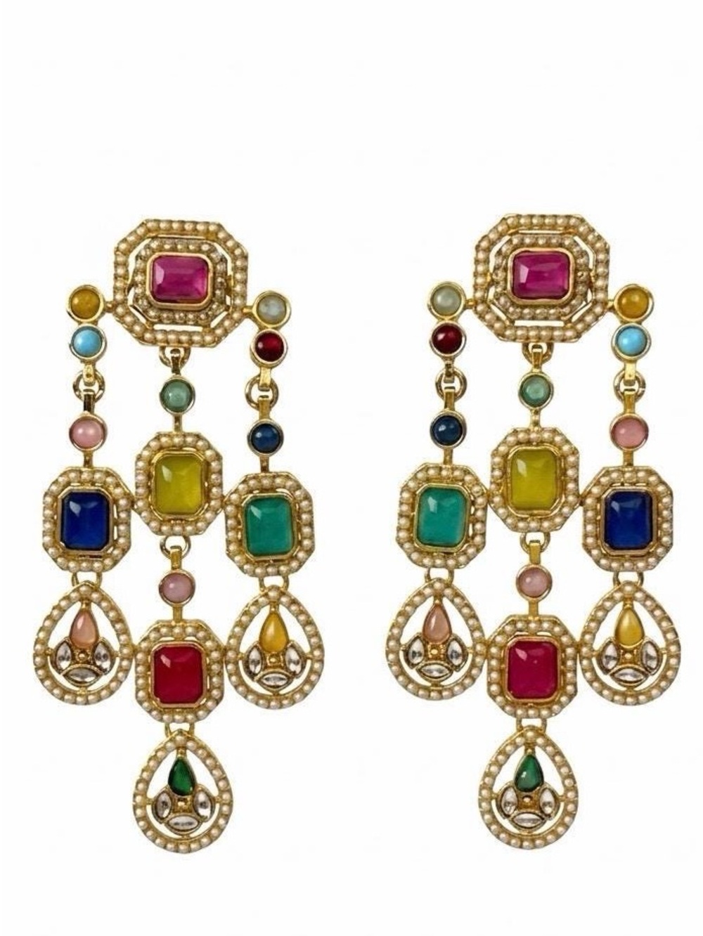 Multicolor Gemstone Chandelier Drop Earrings - Gold Tone